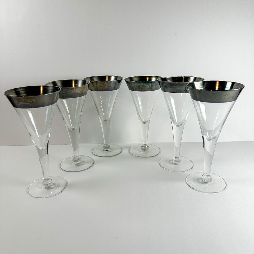 Dorothy Thorpe Silver Rim Trumpet Cocktail Glasses Set 6 Vtg MCM Barware